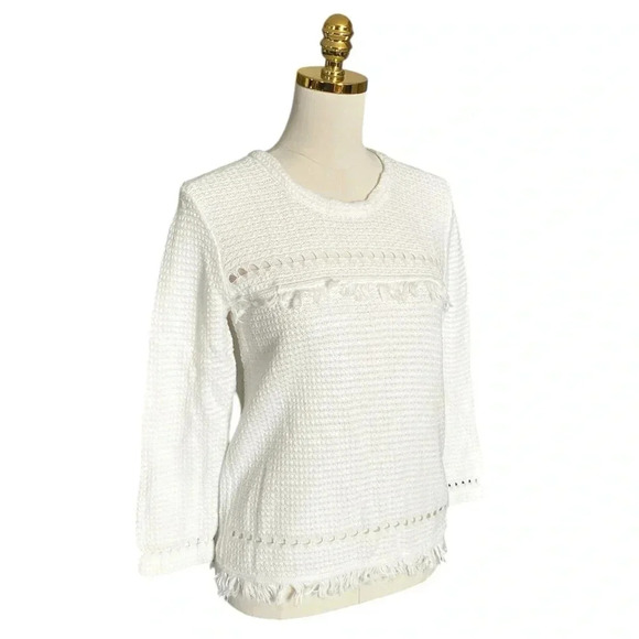 J. CREW | Boho White Cotton Fringe Crewneck Knit Sweater Long Sleeve Size Small - Picture 3 of 10